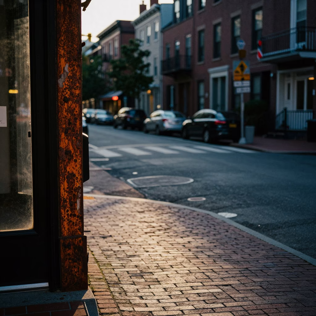 Boston Common Early Evening Street Scene with Rusty Doorframe and Local Pedestrians in in Boston, Massachusetts, United States