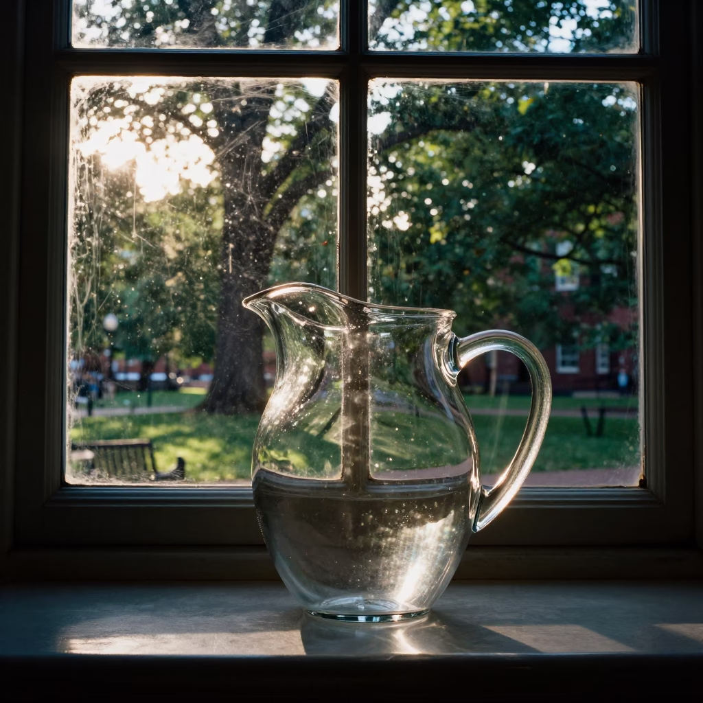 Boston Common Late Afternoon Sunlight Reflections on Glass Pitcher and Park Benches in in Boston, Massachusetts, United States