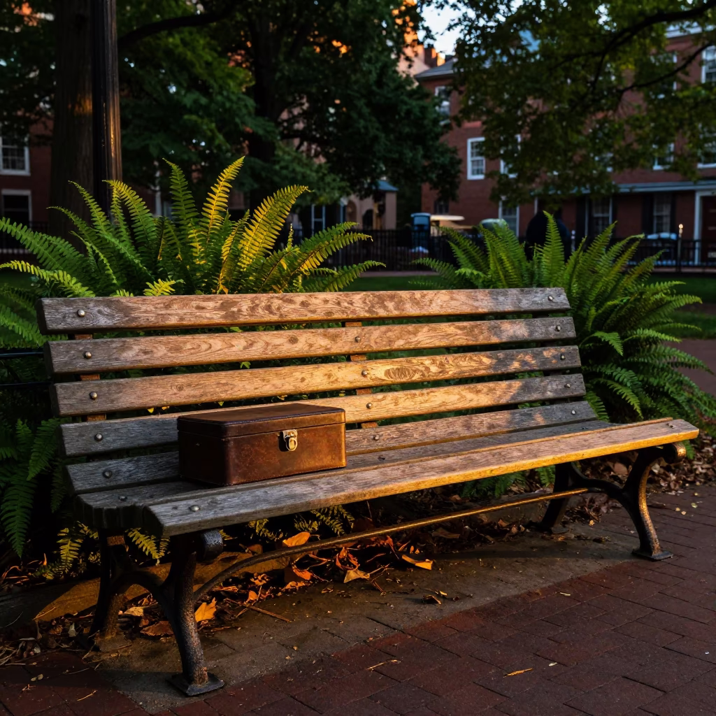 Boston Common Park Bench at Golden Hour with Hatbox and Ferns in in Boston, Massachusetts, United States