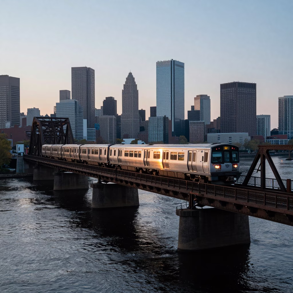 Boston Commuter Train Crossing Bridge at Blue Hour Before Sunrise in in Boston, Massachusetts, United States