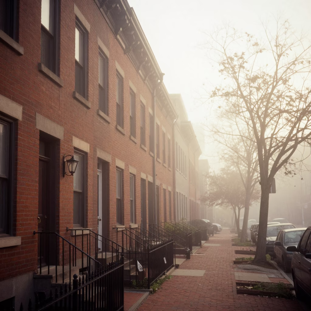 Boston Dawn Mist Clings to Brick Row Houses and Wet Cobblestone Streets in in Boston, Massachusetts, United States