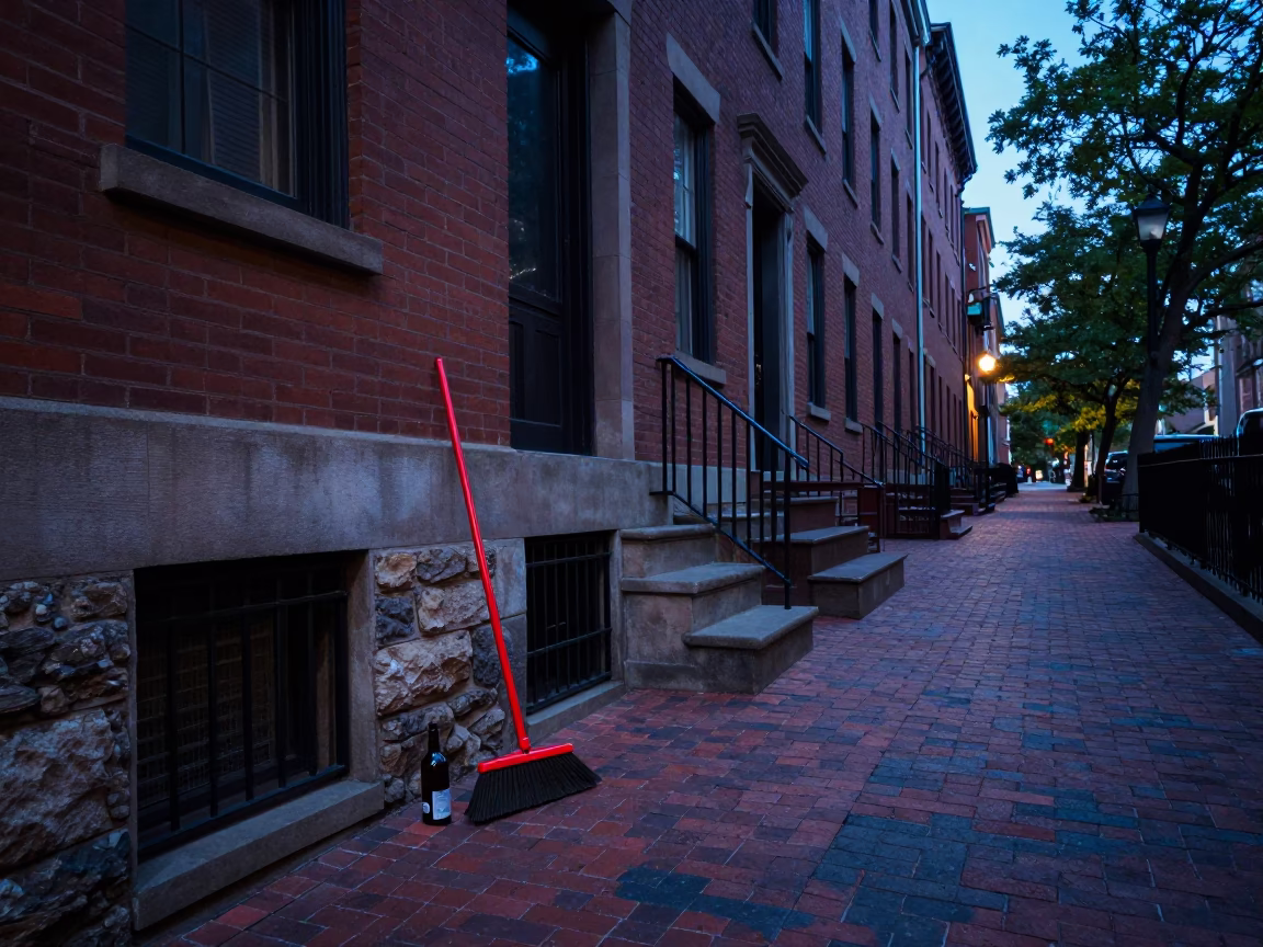 Boston Dawn Street Scene with Broom and Bottle on Cobblestone Sidewalk in in Boston, Massachusetts, United States