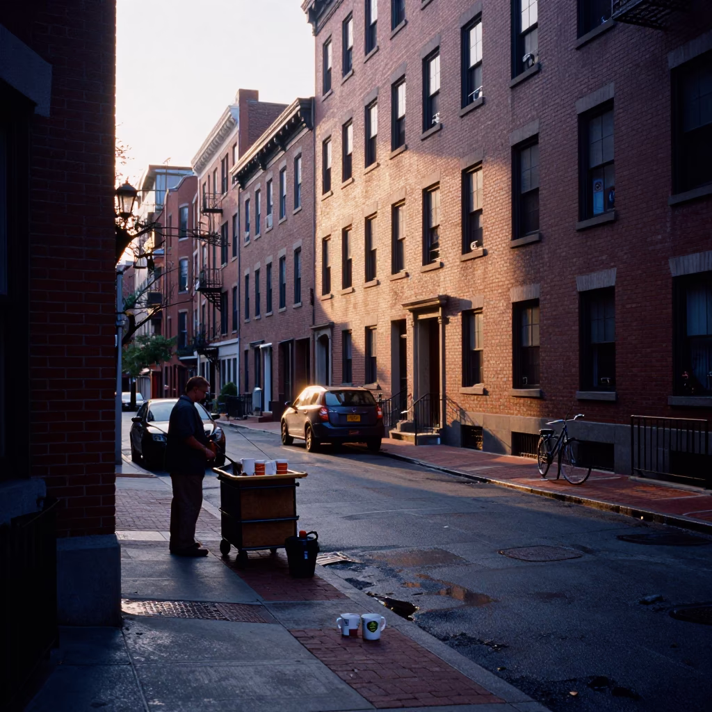 Boston Dawn Street Scene with Coffee Mugs and City Architecture in in Boston, Massachusetts, United States