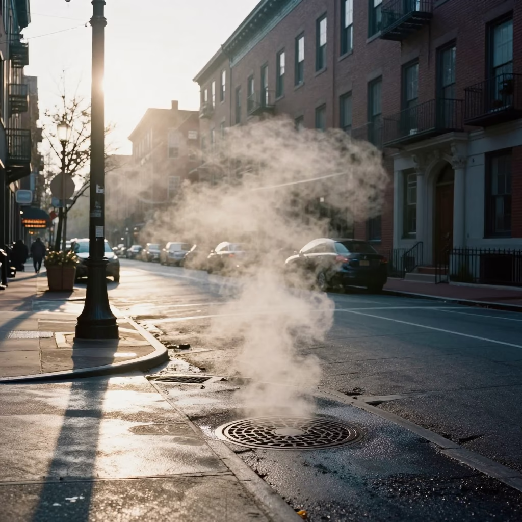Boston Dawn Street Scene with Steam Haze and Vintage Urban Details in in Boston, Massachusetts, United States