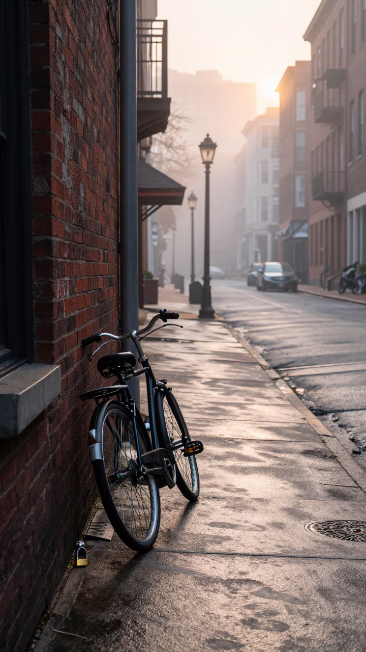 Boston Dawn Street Scene with Vintage Bicycle and Padlock on Brick Wall in in Boston, Massachusetts, United States