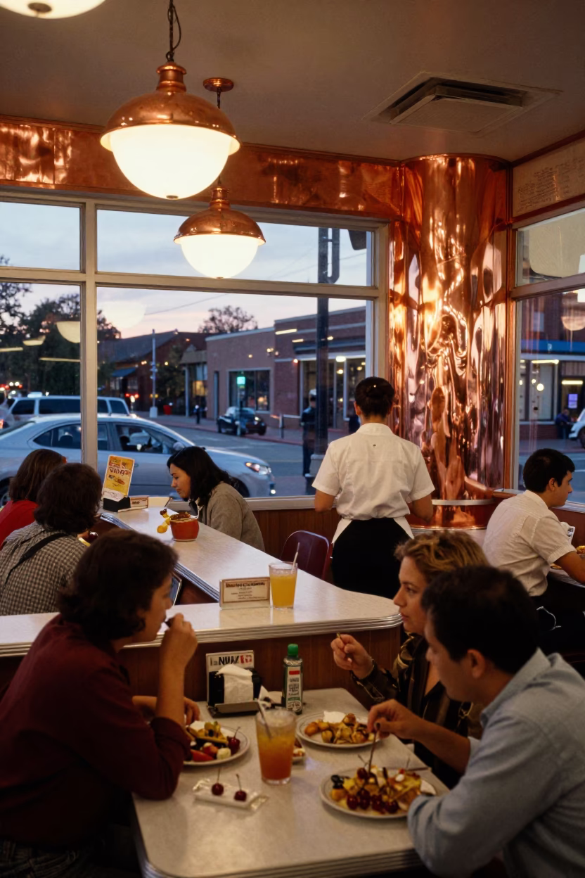Boston Diner Interior Copper Light Before Dusk with Cherries and Steel Cup in in Boston, Massachusetts, United States