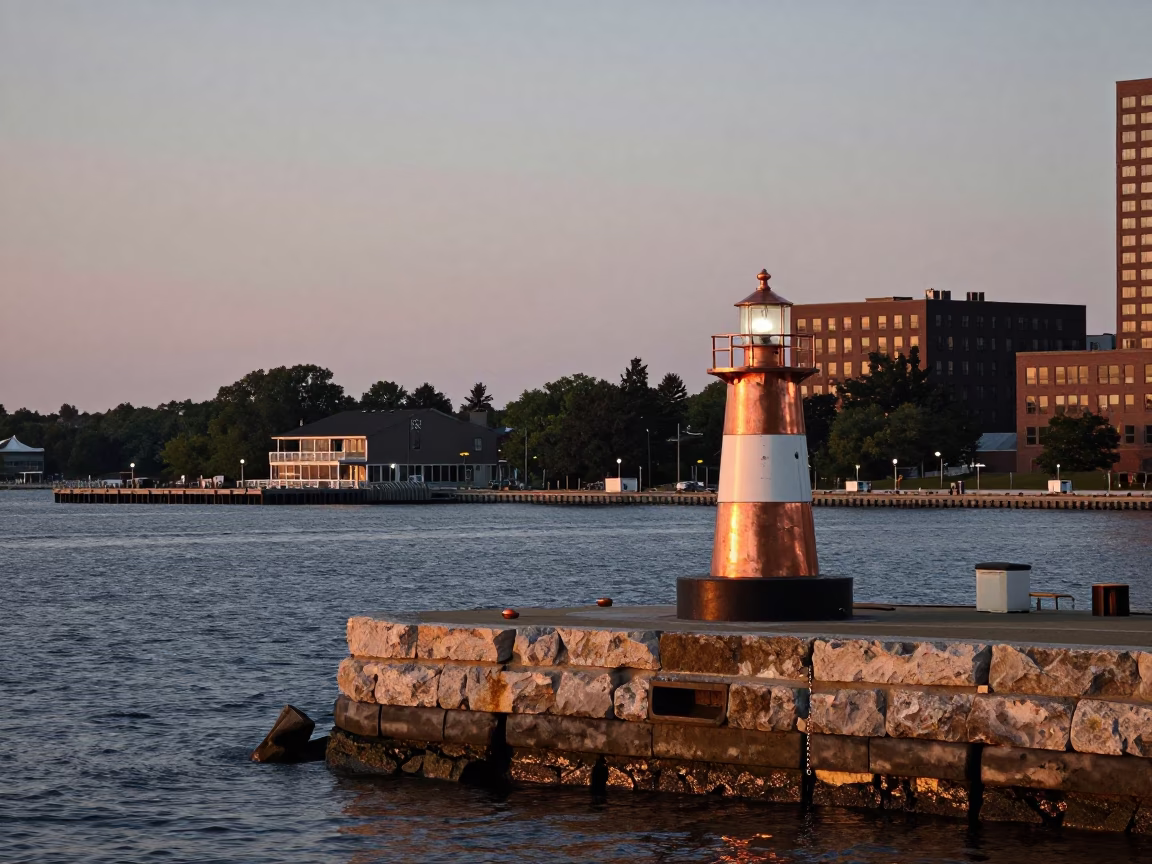 Boston Docks Copper Light Before Dusk with Maritime Beacon and Harbor Activity in in Boston, Massachusetts, United States