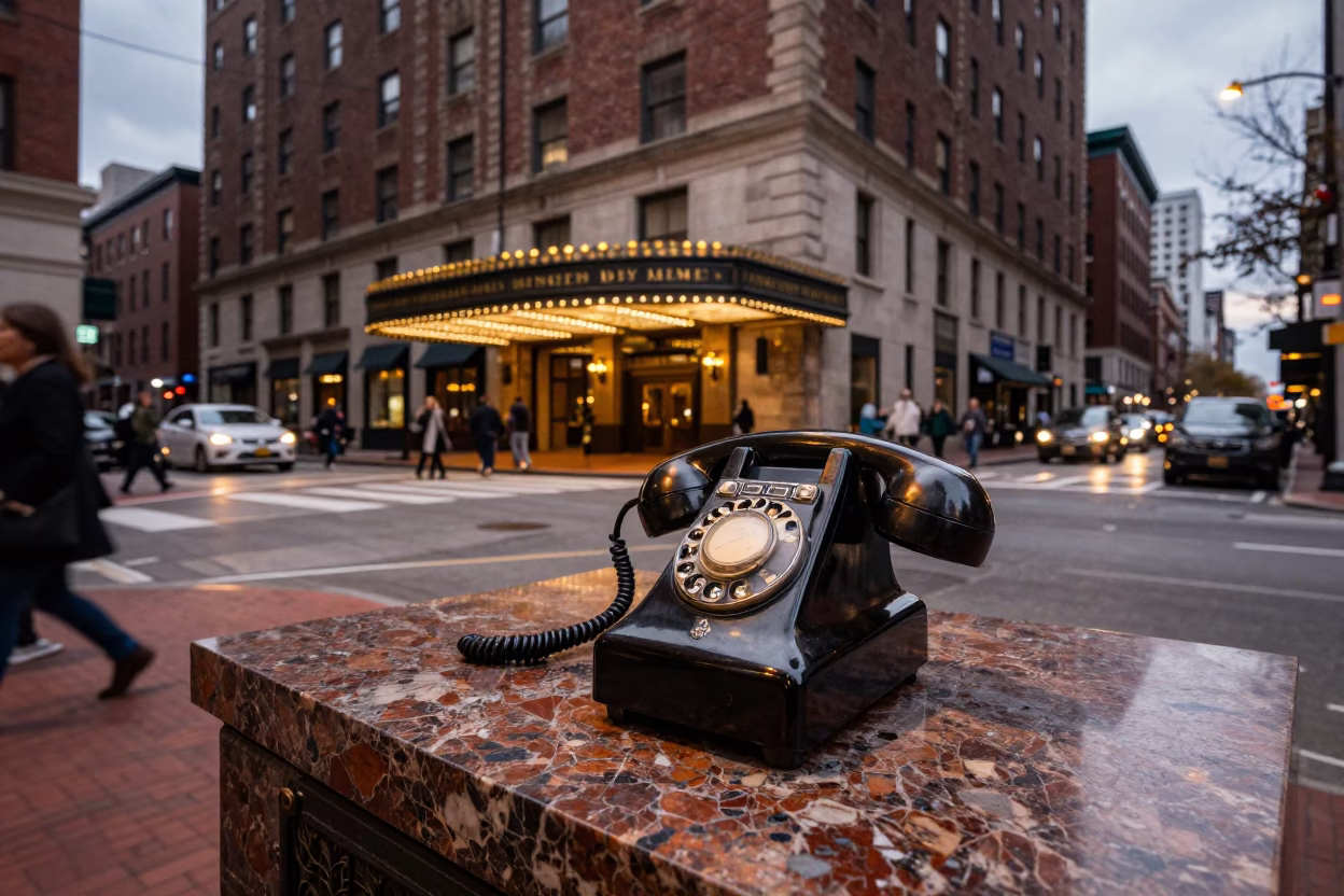 Boston Downtown Street Scene Before Dusk with Vintage Bakelite Telephone on Hotel Reception Desk in in Boston, Massachusetts, United States