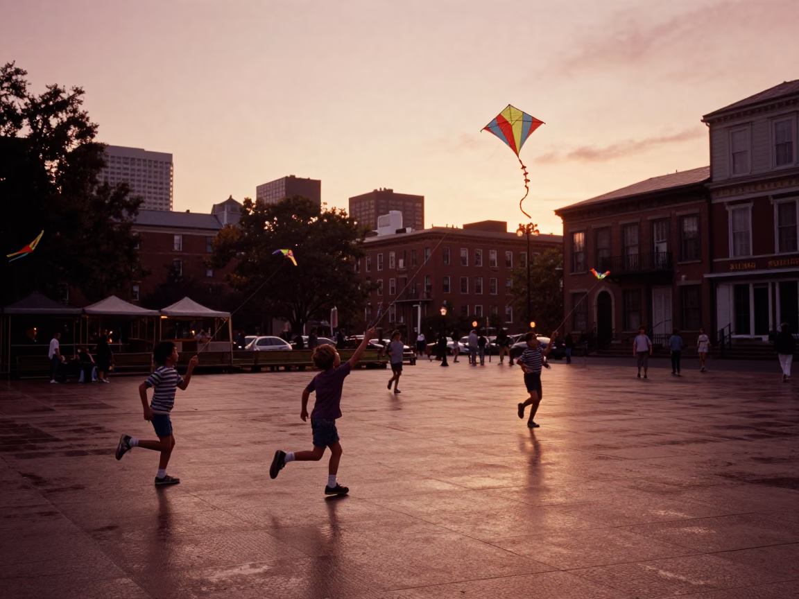 Boston Dusk Street Scene with Children Flying Colorful Kites Near Public Fountain in in Boston, Massachusetts, United States