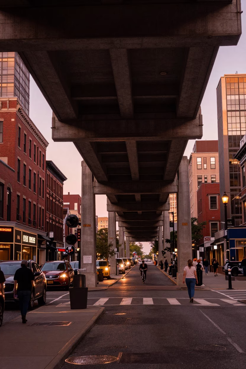 Boston Dusk Street Scene with Flyover Shadows and Urban Details in in Boston, Massachusetts, United States