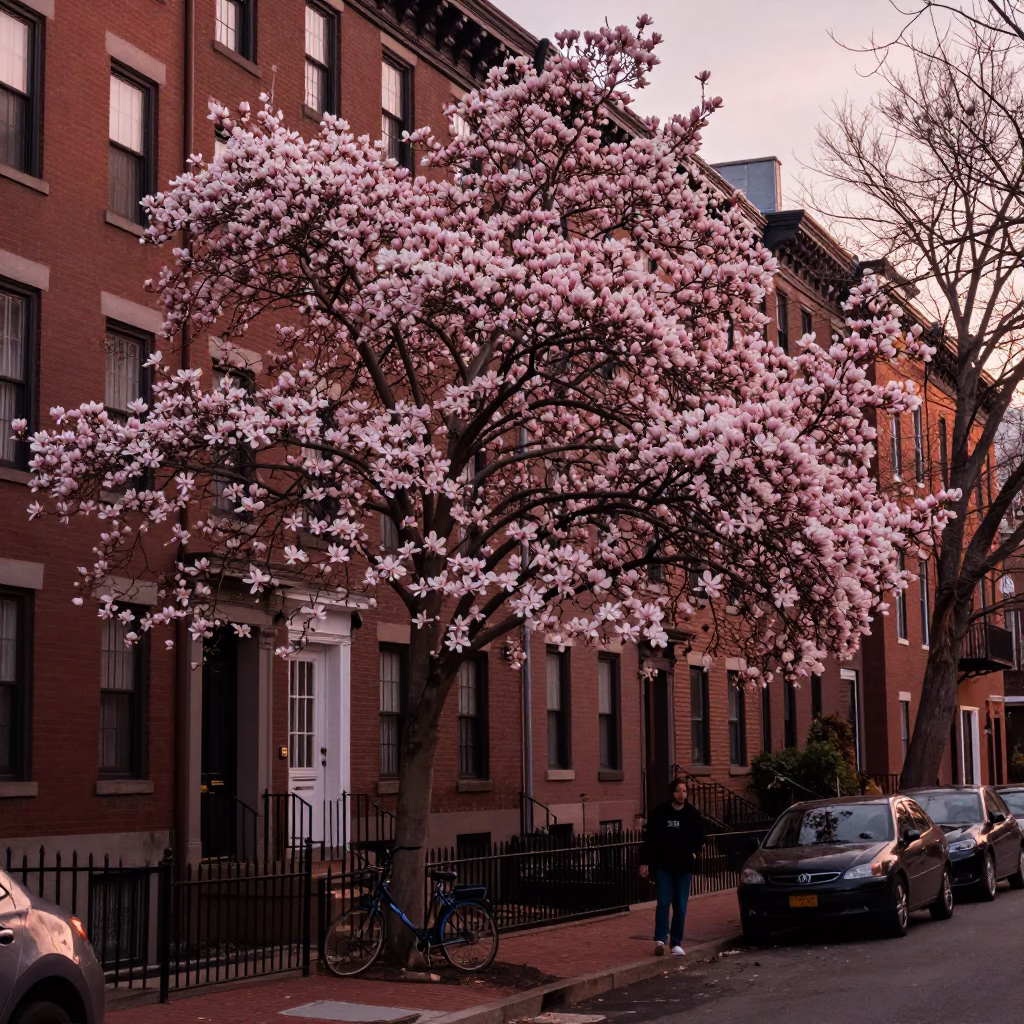 Boston Dusk Street Scene with Magnolia Blossoms and Urban Architecture in in Boston, Massachusetts, United States