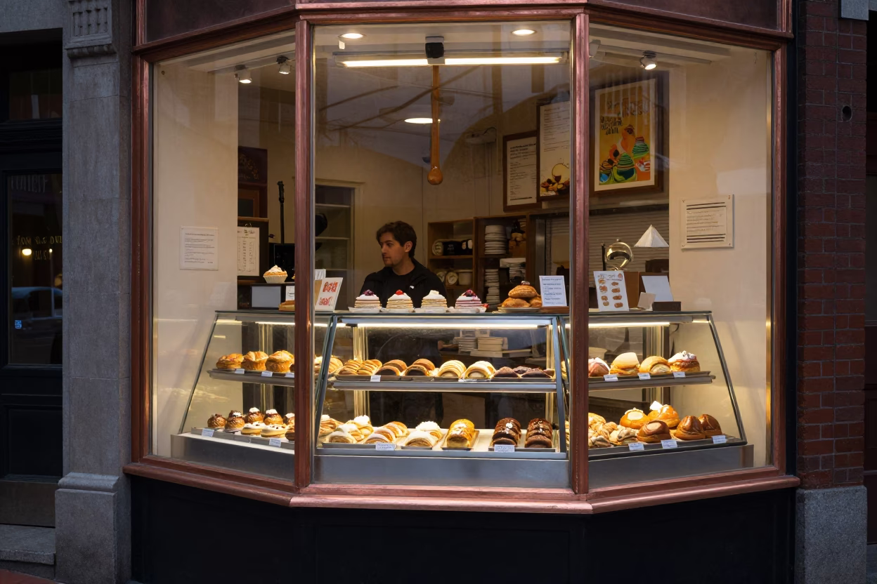 Boston Dusk Street Scene with Pastry Shop Window Display in Copper Light in in Boston, Massachusetts, United States