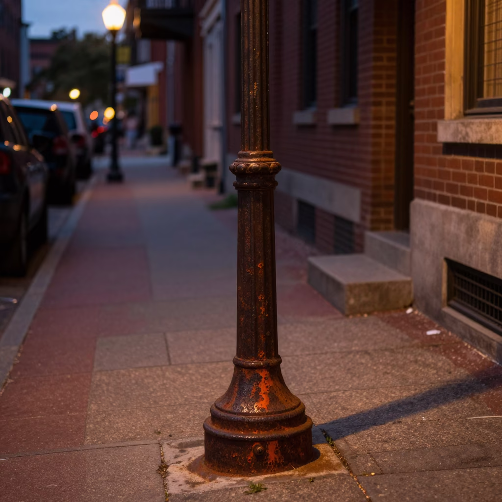 Boston Dusk Street Scene with Rusty Lamp Base and Glass Jar on Cobblestone Sidewalk in in Boston, Massachusetts, United States
