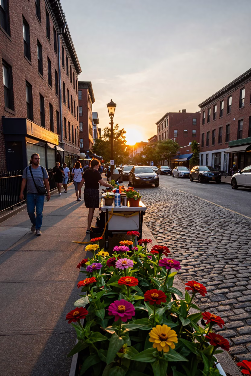 Boston Dusk Street Scene with Zinnias and Urban Life in in Boston, Massachusetts, United States