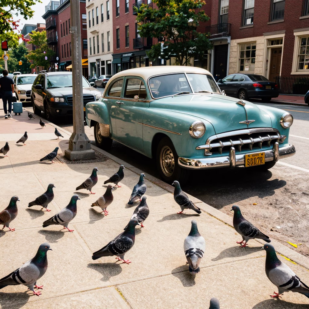 Boston Early Afternoon Street Scene with Pigeons and Vintage Car Details in in Boston, Massachusetts, United States