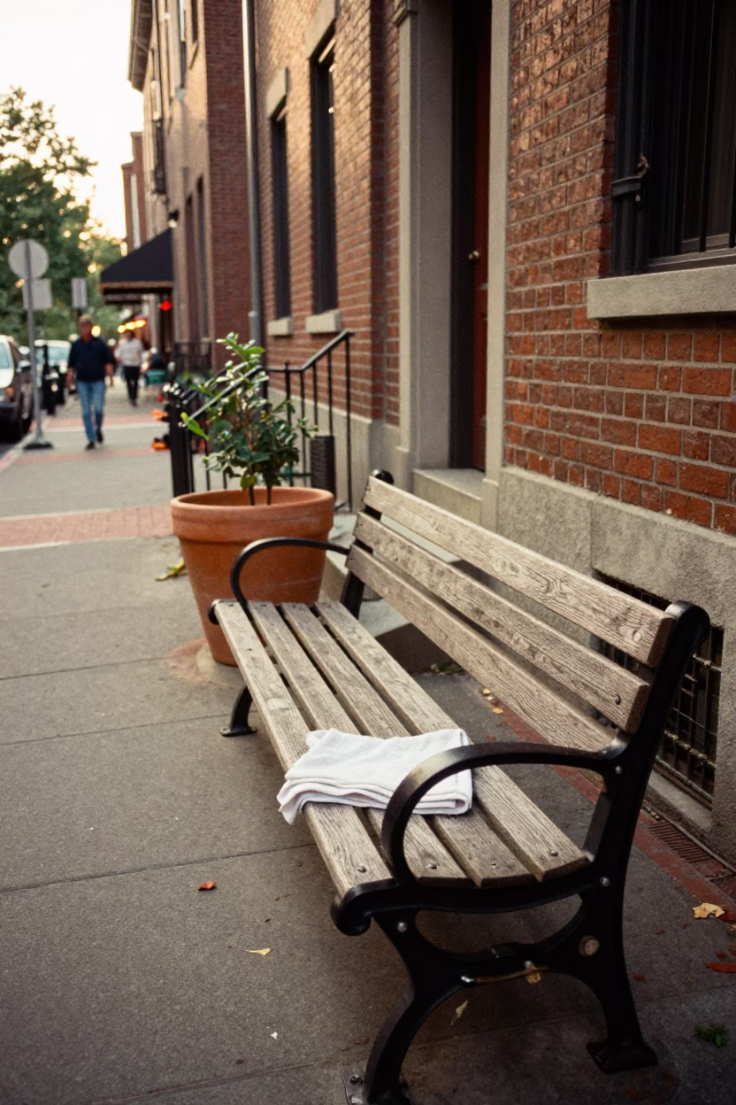 Boston Early Afternoon Street Scene with Terracotta Pot and Dish Towels on Wooden Bench in in Boston, Massachusetts, United States