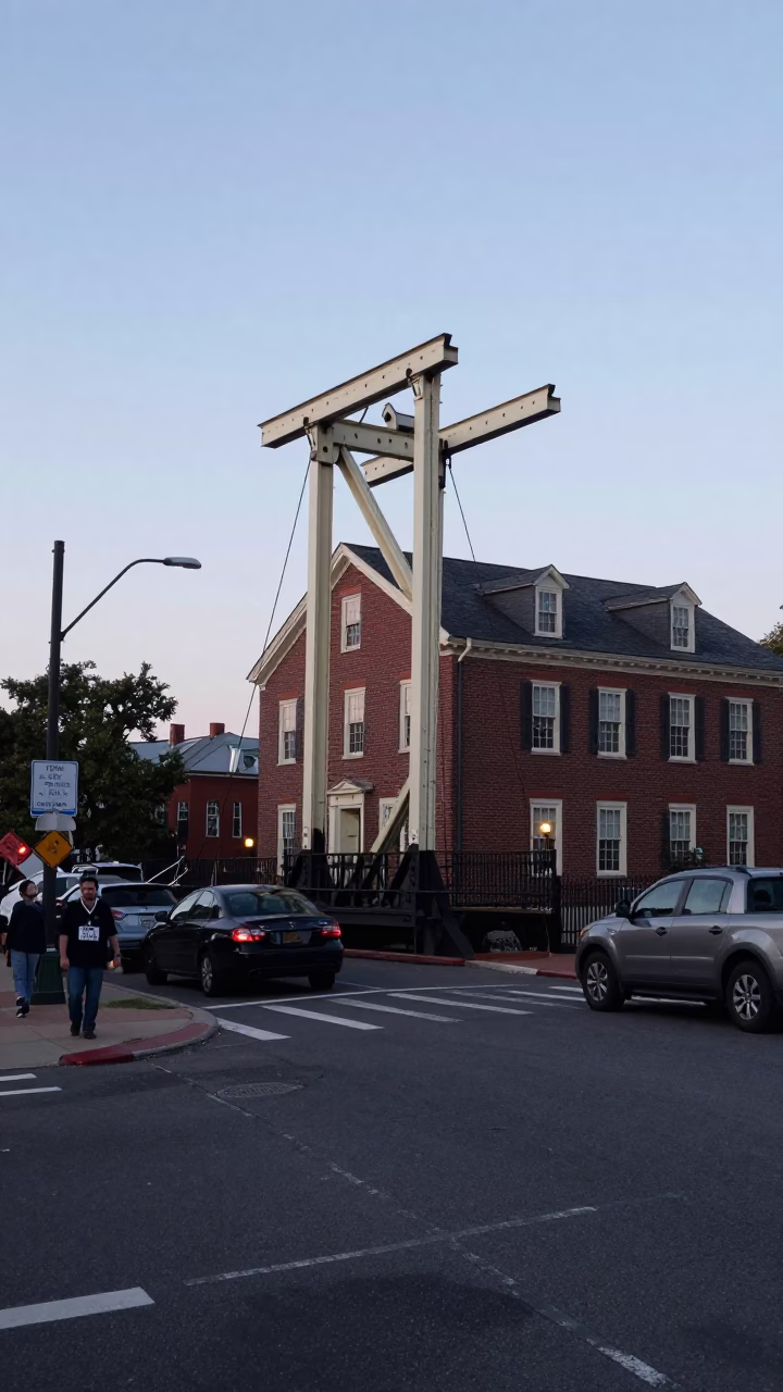 Boston Early Evening Street Scene with Drawbridge Counterweight House and Black Tidal Channel in in Boston, Massachusetts, United States