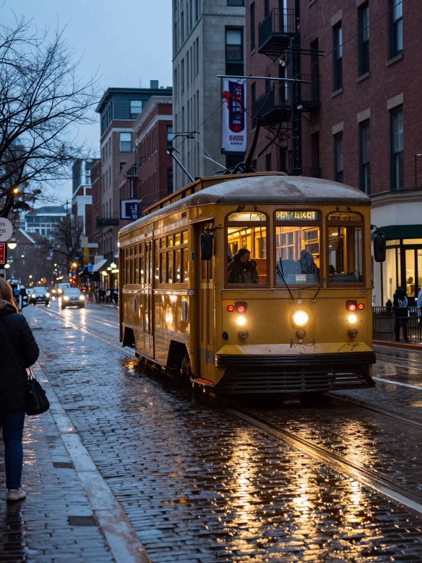 Boston Early Evening Street Scene with Heritage Tram and Urban Cobblestones in in Boston, Massachusetts, United States