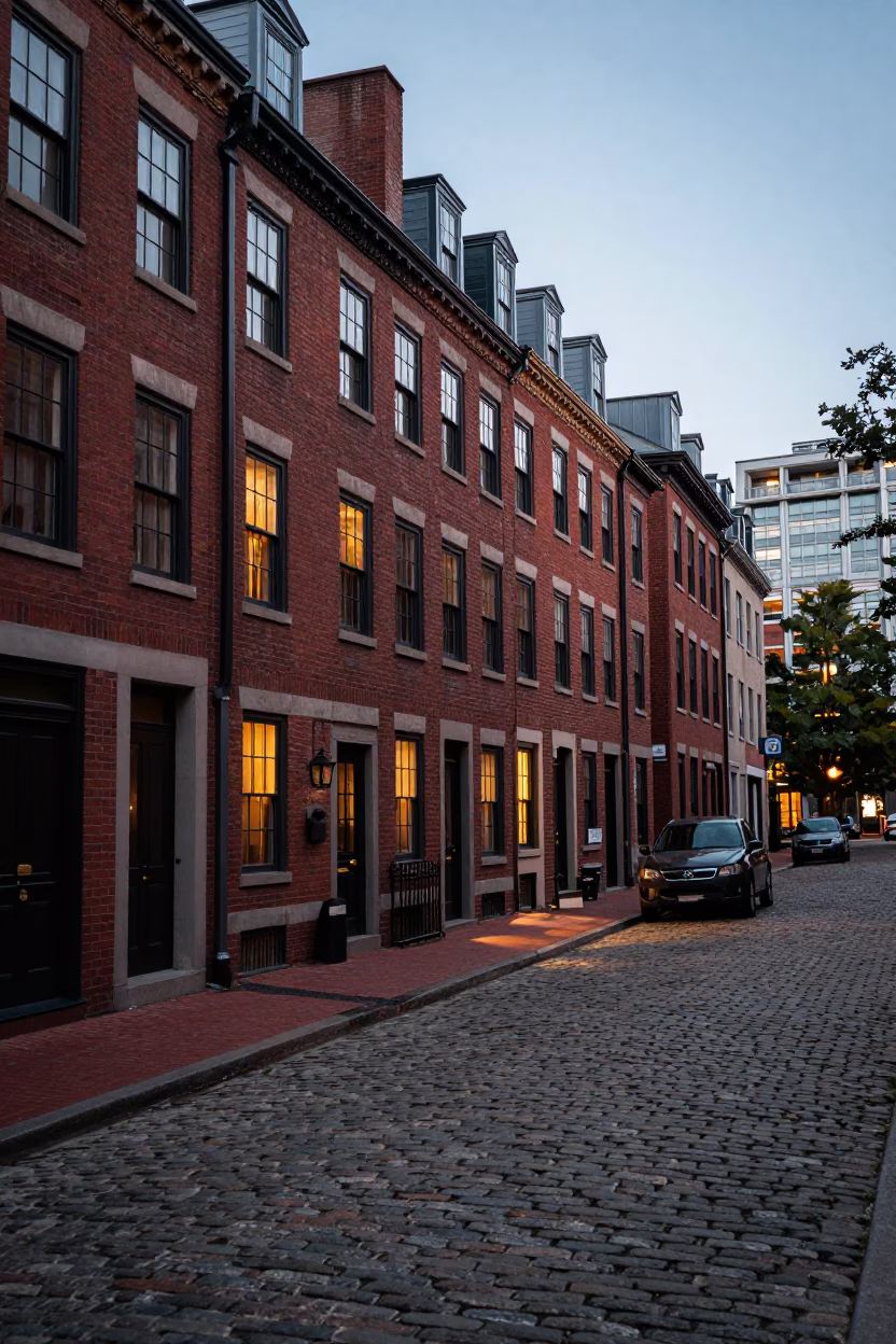 Boston Early Evening Street Scene with Historic Architecture and Pedestrians in in Boston, Massachusetts, United States