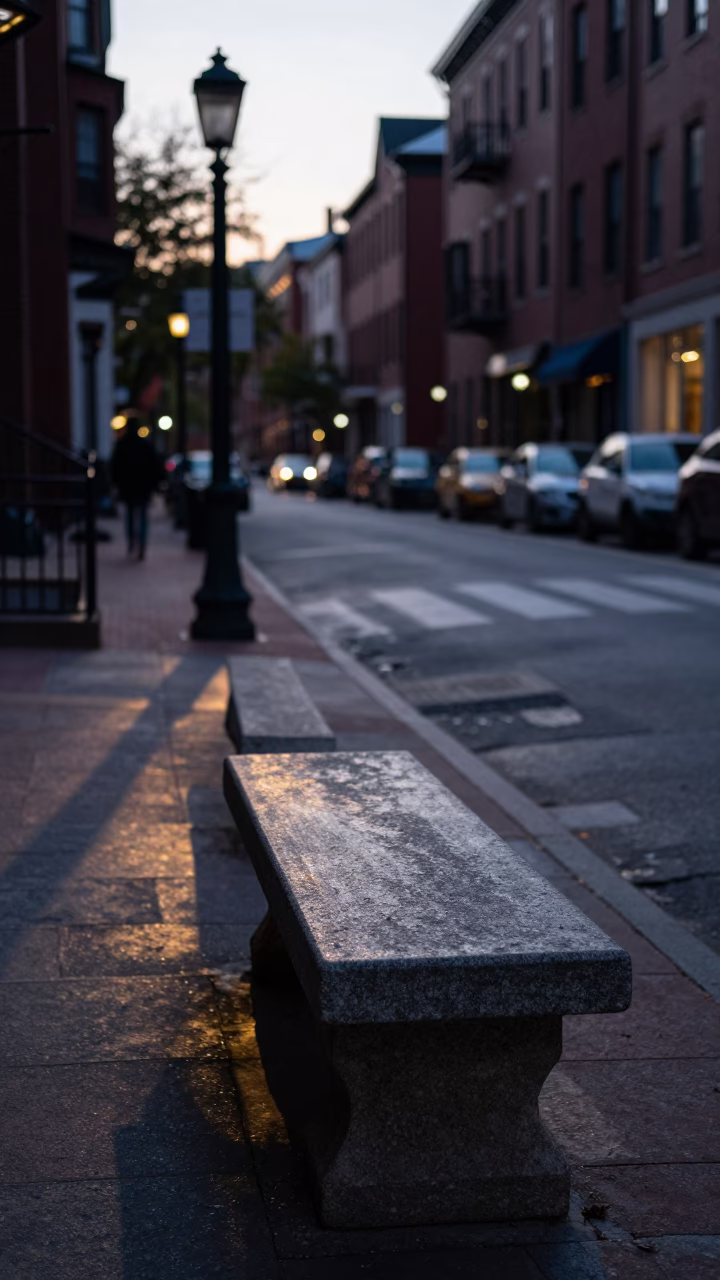Boston Early Evening Street Scene with Stone Bench and Urban Details in in Boston, Massachusetts, United States