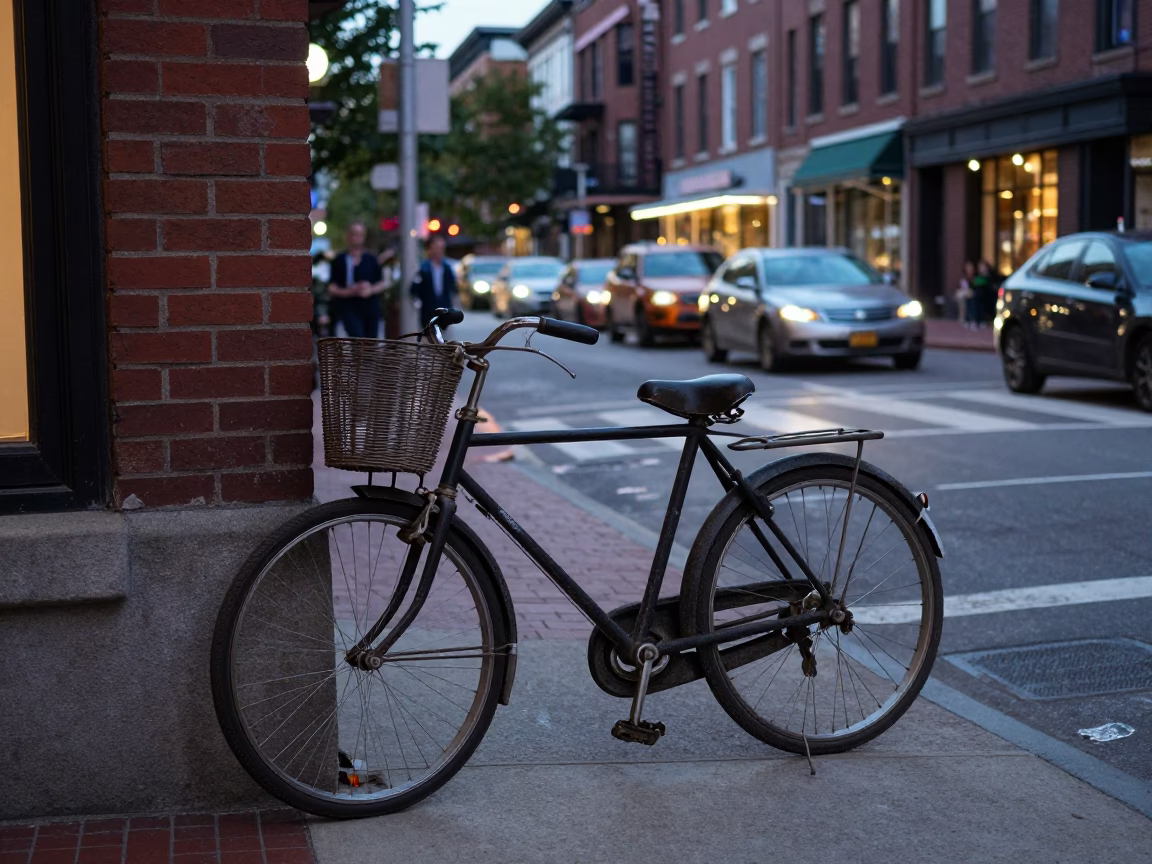 Boston Early Evening Street Scene with Vintage Bicycle and Overpass Interchange in in Boston, Massachusetts, United States