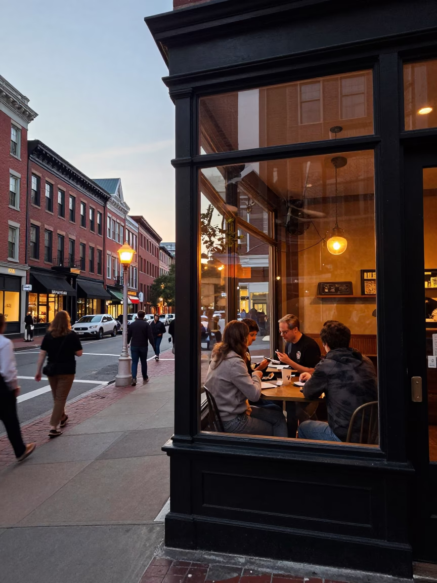 Boston Early Evening Street Scene with Writer Cafe Window and Classic Harbor Views in in Boston, Massachusetts, United States