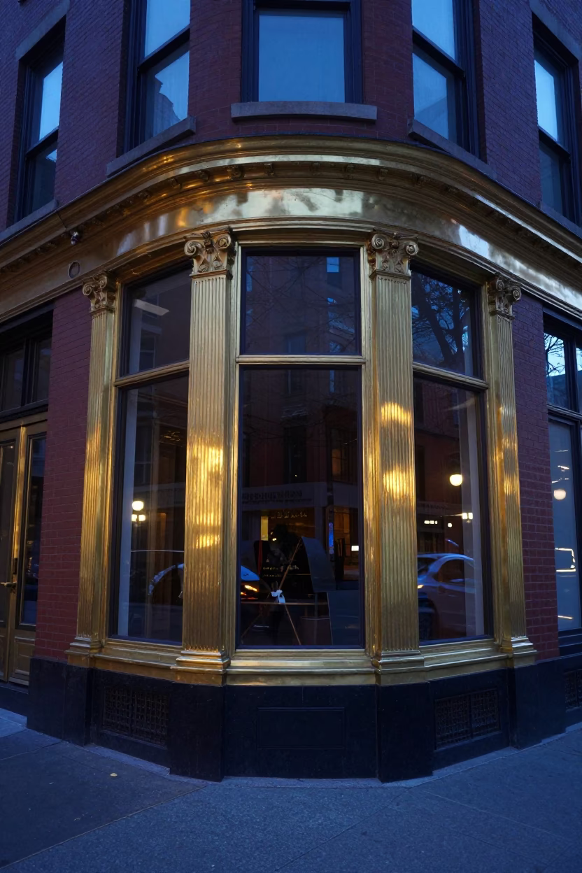 Boston Evening Blue Hour Street Scene with Brass Window Reflections in in Boston, Massachusetts, United States