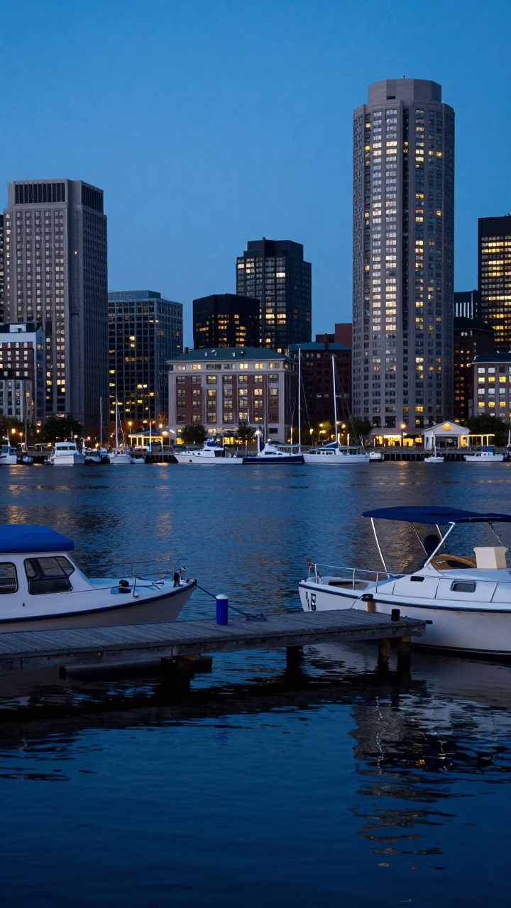 Boston Evening Blue Hour Street Scene with Docked Boats and Waterfront Activity in in Boston, Massachusetts, United States