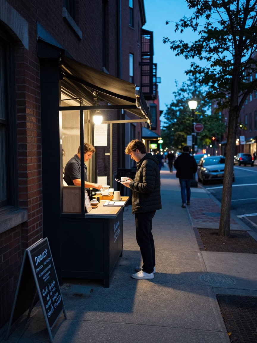 Boston Evening Blue Hour Street Scene with Notebook and Tea Seller in in Boston, Massachusetts, United States