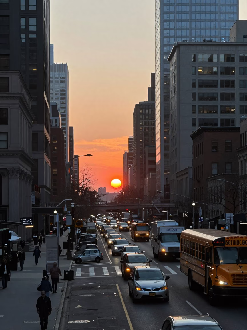 Boston Evening Commute with Smudged Window Lens and Urban Street Scene in in Boston, Massachusetts, United States