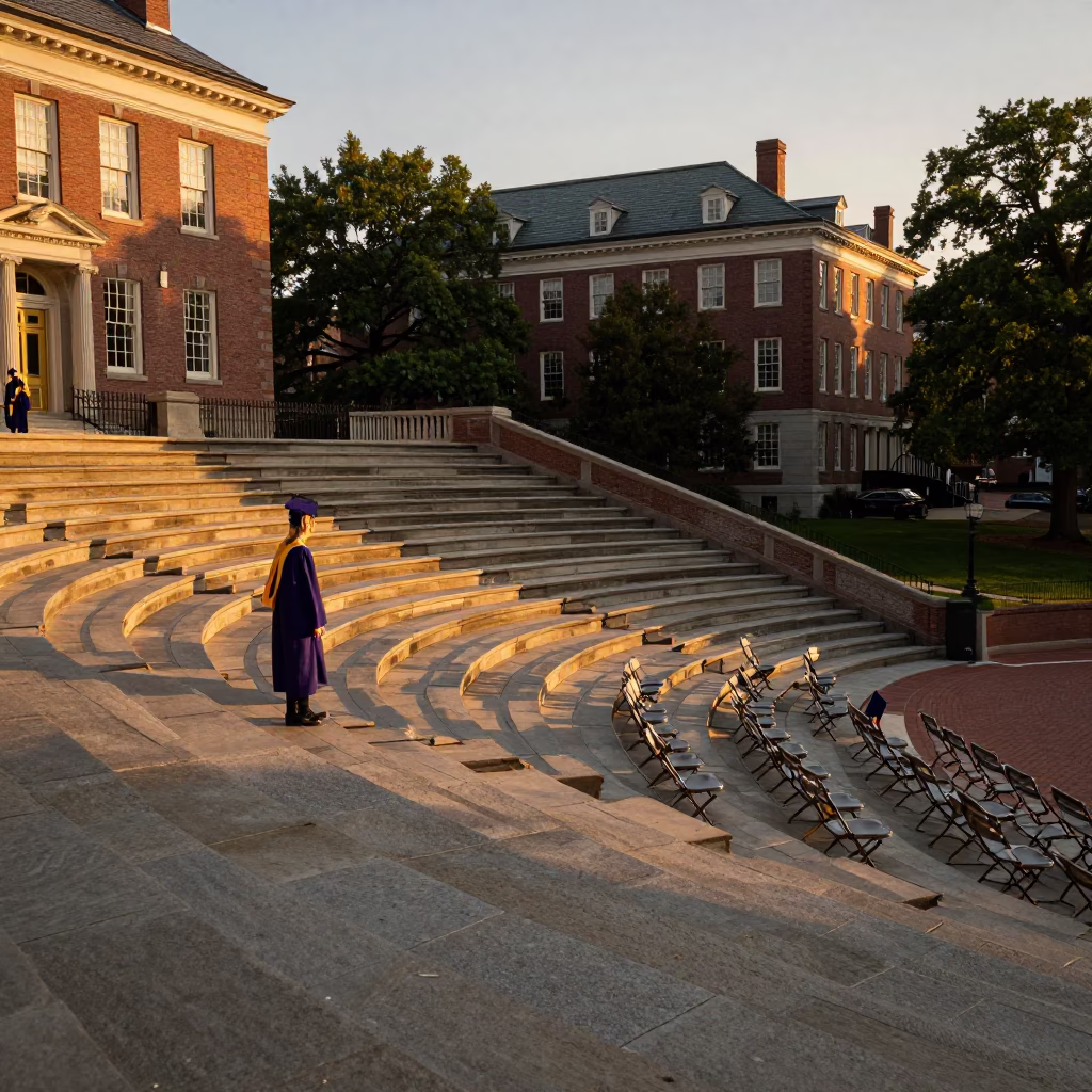 Boston Evening Light Illuminates Historic Campus Amphitheater and Graduation Seating in in Boston, Massachusetts, United States