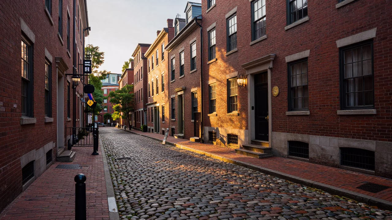 Boston Evening Light on Historic Brick Street with Medal Ribbon Detail in in Boston, Massachusetts, United States