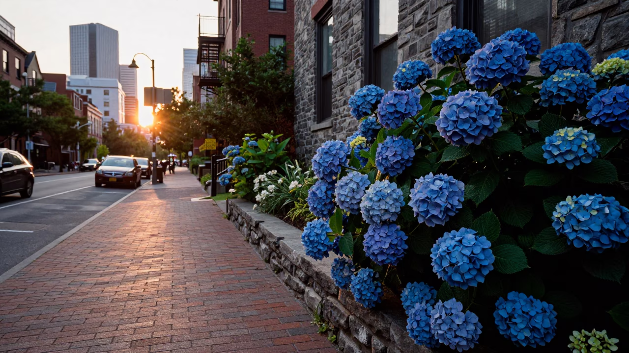 Boston Evening Street Scene with Blue Hydrangeas and Urban Architecture in in Boston, Massachusetts, United States
