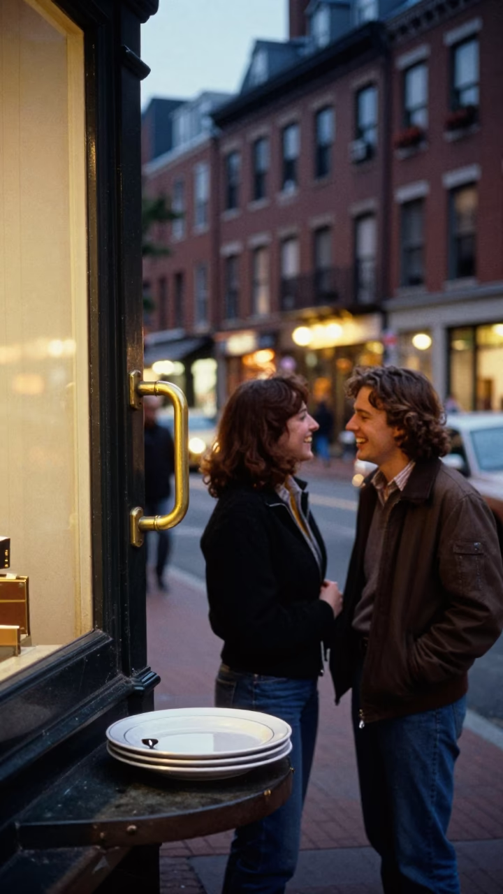 Boston Evening Street Scene with Brass Handle and Plate at Dusk in in Boston, Massachusetts, United States