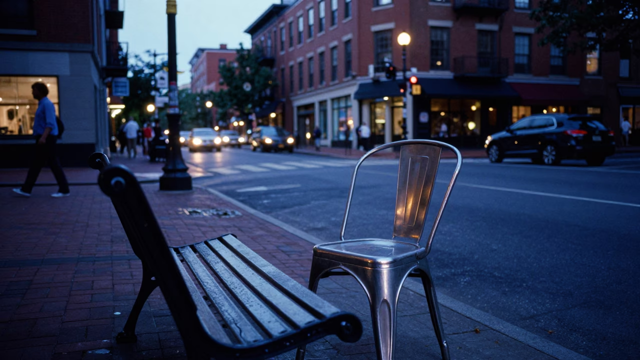 Boston Evening Street Scene with Brushed Steel Chair and Tart Tin in in Boston, Massachusetts, United States