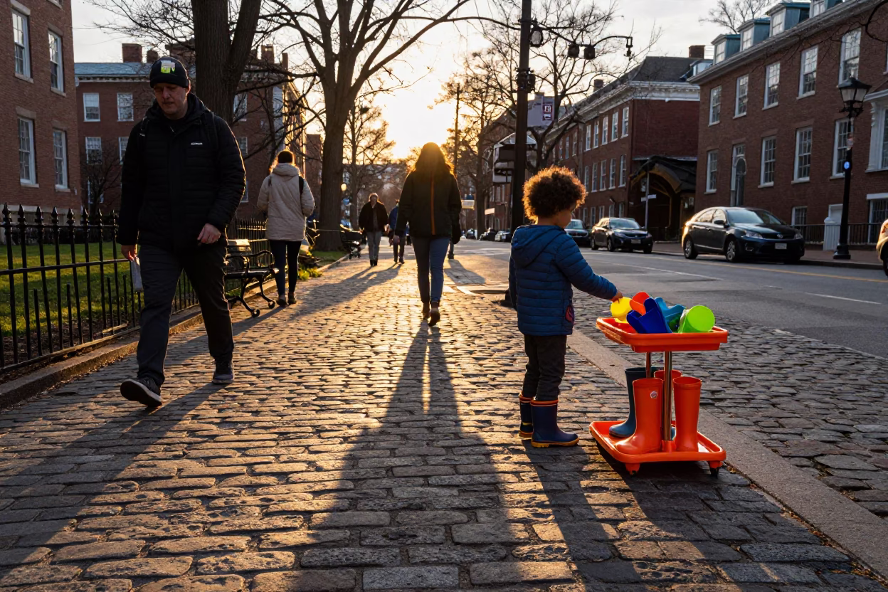 Boston Evening Street Scene with Child Rain Boots and Finger Painted Art in in Boston, Massachusetts, United States