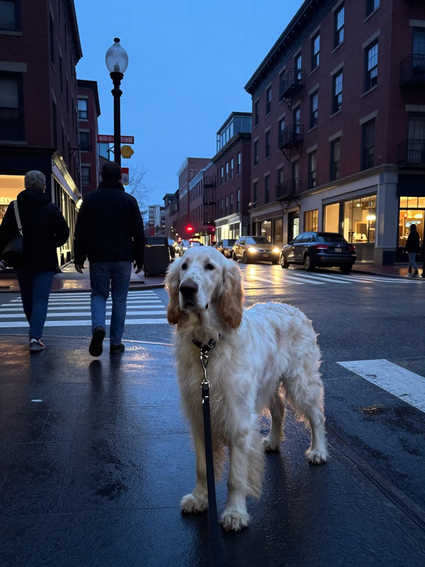 Boston Evening Street Scene with Irish Setter and Condensation on Window in in Boston, Massachusetts, United States