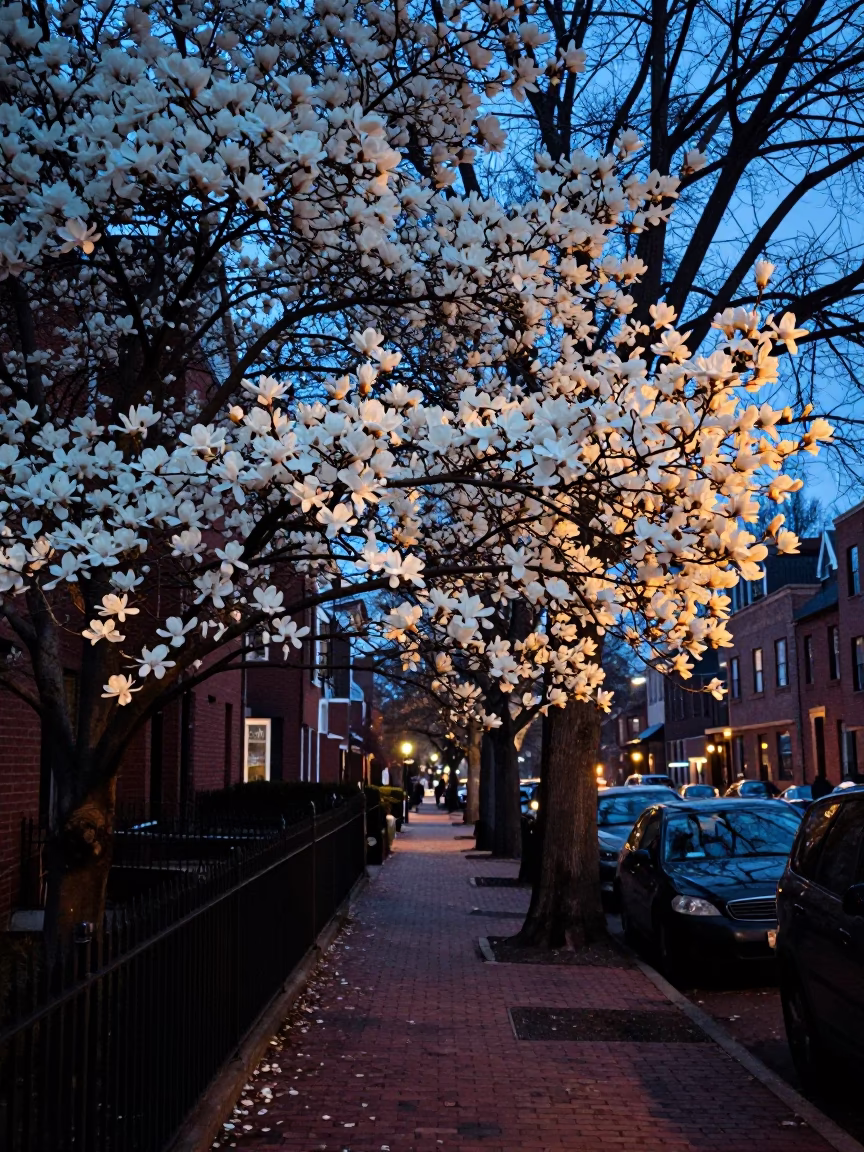 Boston Evening Street Scene with Magnolia Tree in Bloom and Golden Palmiers in in Boston, Massachusetts, United States