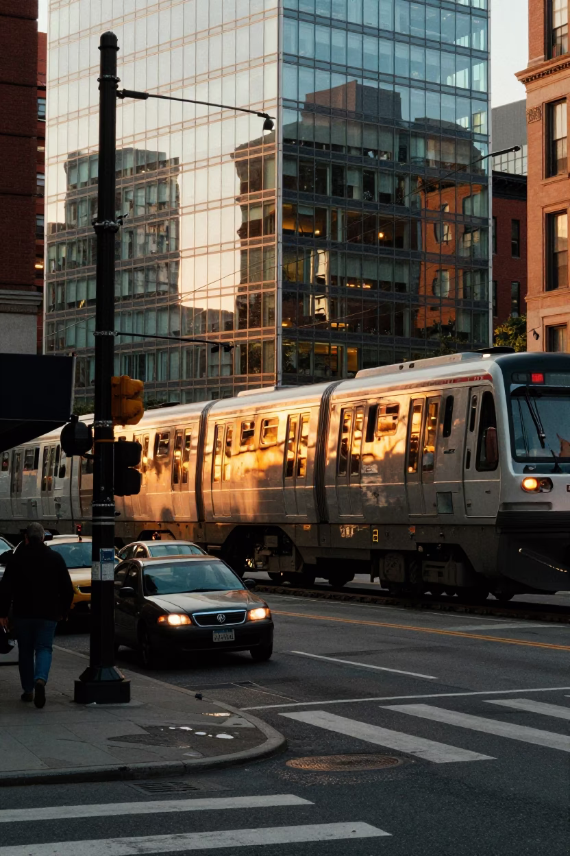 Boston Evening Street Scene with Monorail Reflection and Glass Tabletop in in Boston, Massachusetts, United States