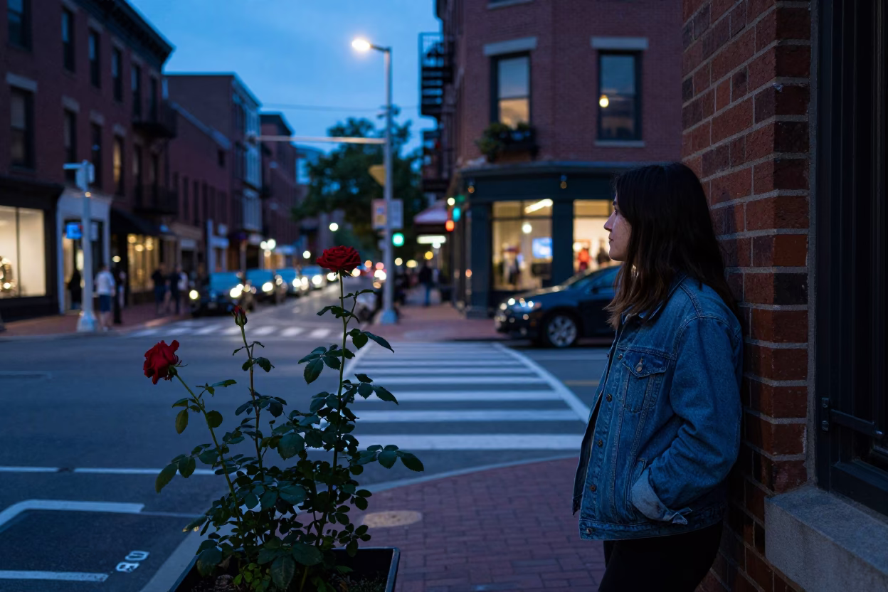 Boston Evening Street Scene with Red Rose and Urban Details in in Boston, Massachusetts, United States