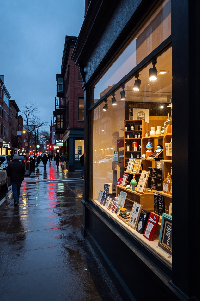 Boston Evening Street Scene with Shop Window Reflections and Urban Details in in Boston, Massachusetts, United States