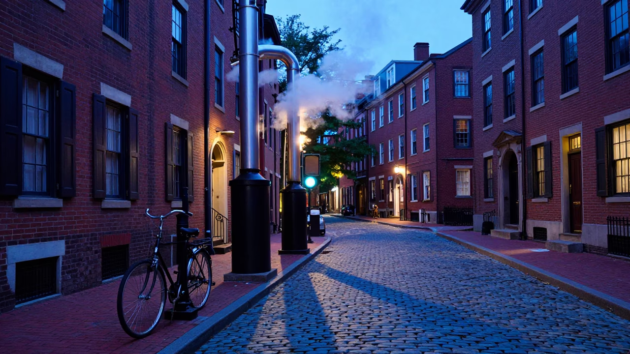 Boston Evening Street Scene with Steam Pipes and Bicycle near Faneuil Hall in in Boston, Massachusetts, United States
