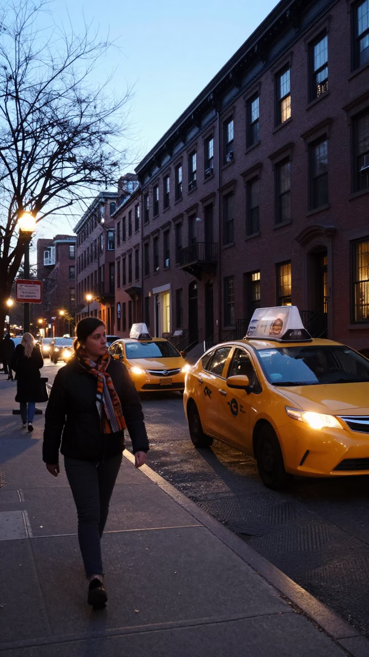 Boston Evening Street Scene with Yellow Taxi and Scarf in in Boston, Massachusetts, United States