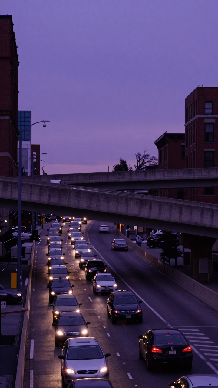 Boston Evening Traffic on Overpass Interchange Ramp Slicing Across Violet Sky in in Boston, Massachusetts, United States