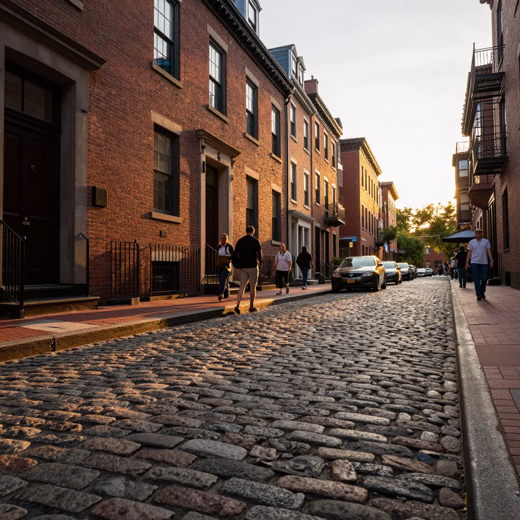 Boston Golden Hour Street Scene with Cobblestones and Historic Brick Architecture in in Boston, Massachusetts, United States
