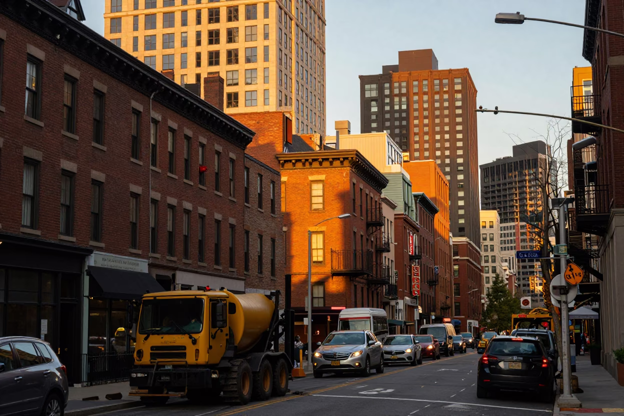 Boston Golden Hour Street Scene with Construction Mixer and Urban Landscape in in Boston, Massachusetts, United States