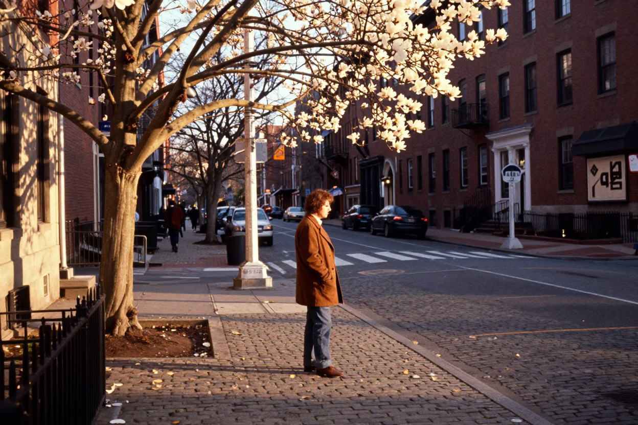 Boston Golden Hour Street Scene with Magnolia Tree and Urban Details in in Boston, Massachusetts, United States