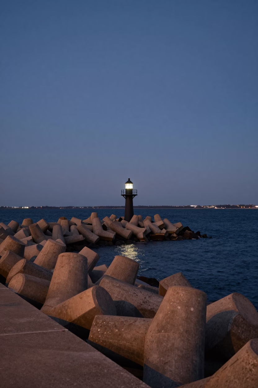 Boston Harbor Blue Hour Breakwater Evening Light Street Photography in in Boston, Massachusetts, United States