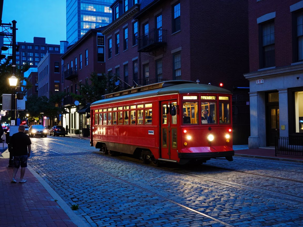 Boston Harbor Blue Hour Street Scene with Vintage Red Trolley and Cobblestone in in Boston, Massachusetts, United States