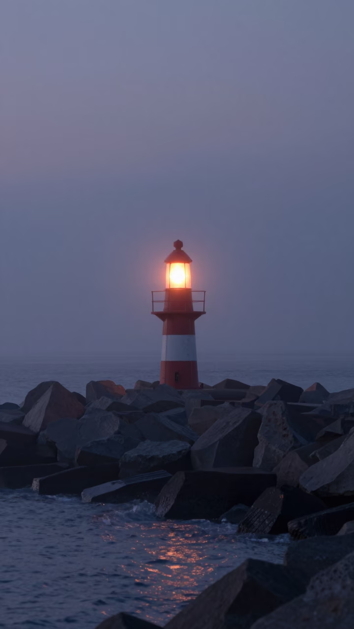 Boston Harbor Breakwater Beacon Blinking Through Sea Mist Before Sunrise in in Boston, Massachusetts, United States